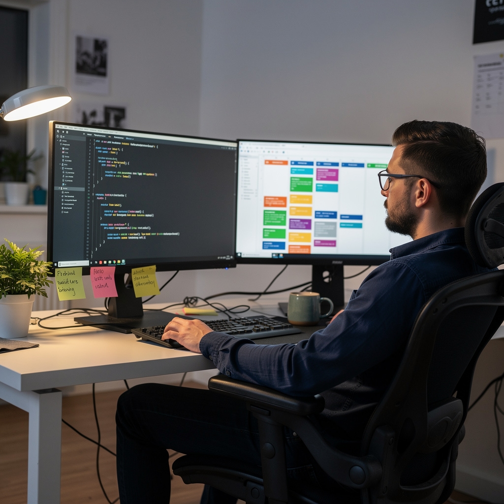 Programista przy biurku podczas typowego dnia pracy w środowisku biurowym